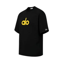 Alo Yoga Classic Logo Short-Sleeved T-Shirt, Black And Yellow Color Blocking, Heavyweight Pure Cotton, Loose Fit, Unisex Casual Top, Couple Style. - 查看 2