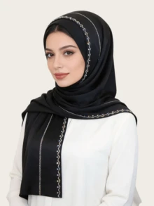 1件装女士雪纺时尚优雅穆斯林头巾，水晶装饰，中东和马来西亚风格长款围巾 - 段面燙鑽長巾多色 - 查看 1