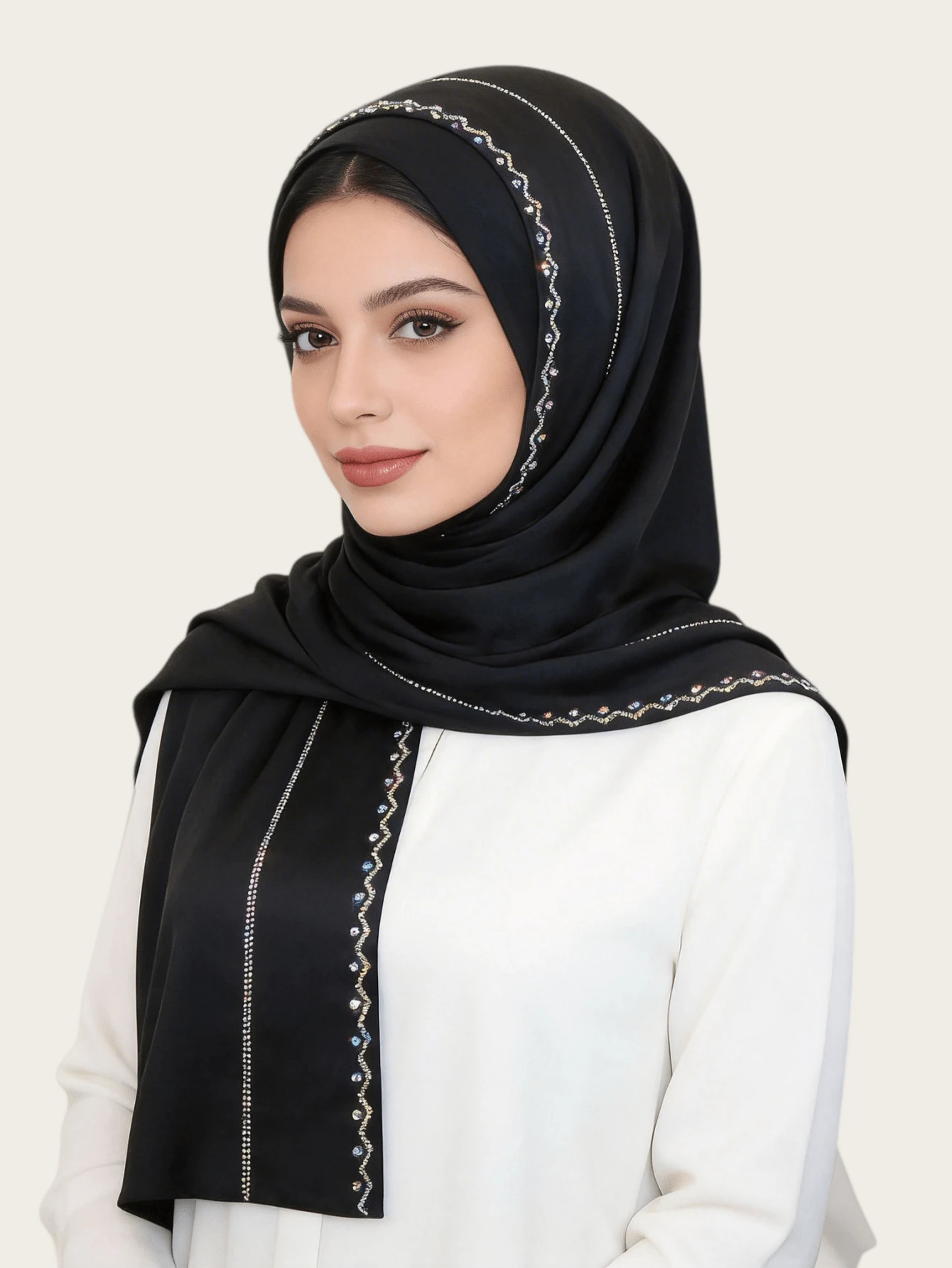 1件装女士雪纺时尚优雅穆斯林头巾，水晶装饰，中东和马来西亚风格长款围巾 - 段面燙鑽長巾多色 - 查看 1