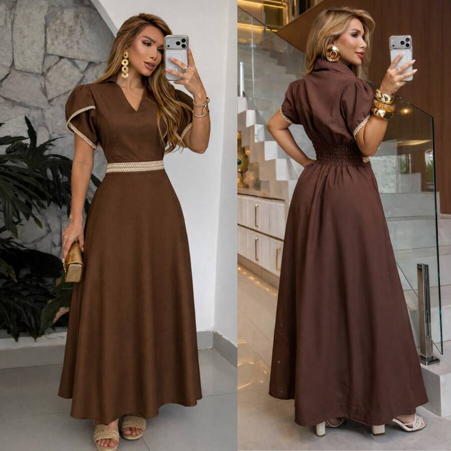 Elegant Women's Long Dress With Defined Waist, Evangelical Fashion For Weddings, Church Services, And Parties. - 鏽棕色 - 查看 1