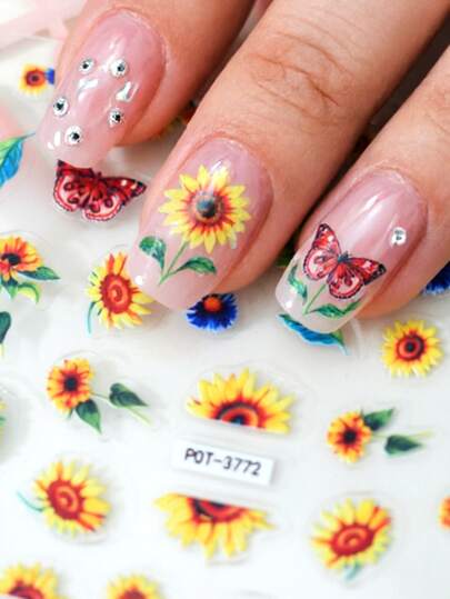 1片装夏日浪漫向日葵蝴蝶美甲贴纸，自粘式一次性3D立体美甲贴花，大气美甲贴纸，个性化美甲装饰，适合女性春夏外出，清新图案，易于粘贴且粘性强。