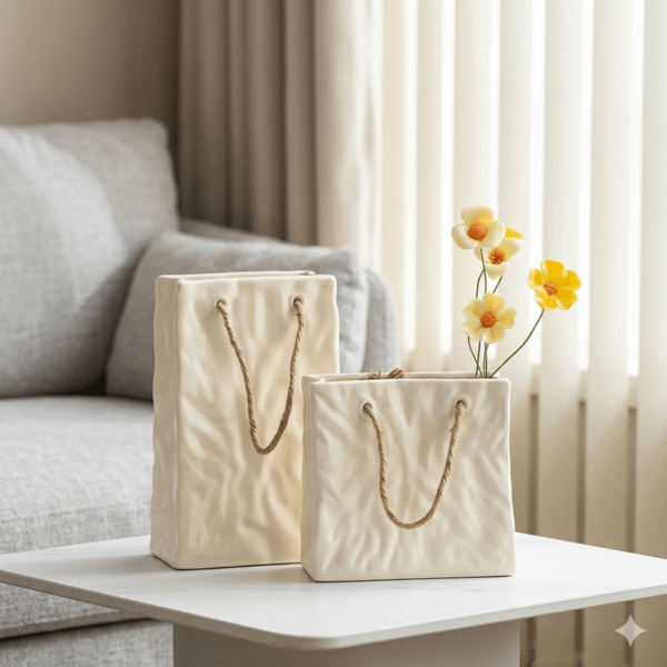1pc Creative Handbag Shaped Ceramic Vase, Minimalist White Texture Vase, Modern Scandinavian Style Vase Suitable For Pampas Grass Dried Flowers, Great For Living Room, Bedroom, Coffee Table, Office Home Decor, Also An Excellent Housewarming Gift