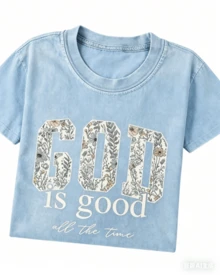 Women's God Is Good Floral Graphic T-Shirt, Retro Christian Faith Tee, Casual Crewneck Short Sleeve, Vintage Washed Cotton Top - 淺藍色 - 查看 12