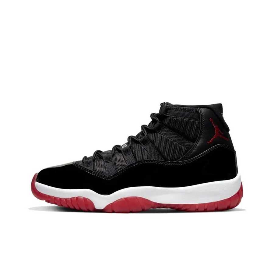 Nike Jordan Air Jordan 11 bred 網布漆皮 季後賽 舒適 耐磨 高筒 復古籃球鞋 男女同款 黑紅白 - 黑紅 - 查看 1