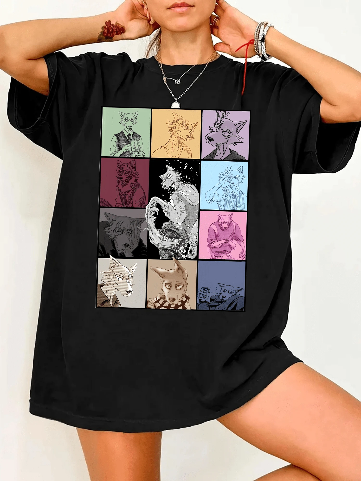 Oversized Black Graphic T-Shirt With Anime-Style Collage Design "The ErasS Tour" By Legoshi Beastars - Black - View 1