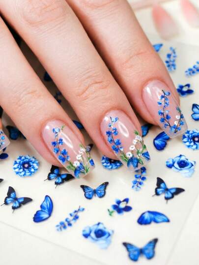 1 miếng dán móng tay hình hoa mùa xuân, hình bướm xanh, tự dính, dập nổi một lần, kiểu dáng ngọt ngào, họa tiết tươi mới, dễ dán và bền.