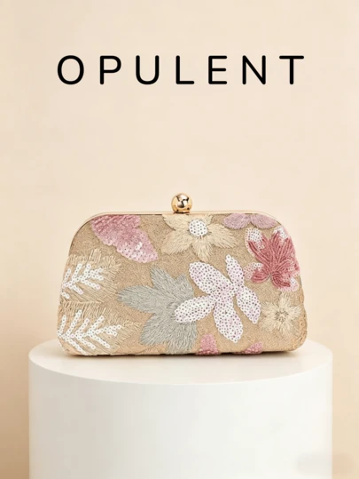 奢华粉色花卉刺绣亮片晚宴手拿包，闪亮串珠手提包，优雅正式派对钱包，适合女士出席婚礼、晚宴等场合。