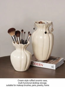 Cream Ceramic Vase With Ruffle Rim, Multifunctional Desktop Storage For Makeup Brushes, Pens, Jewelry, Home Decor,Bedroom Room Decor,Back To School - View 10