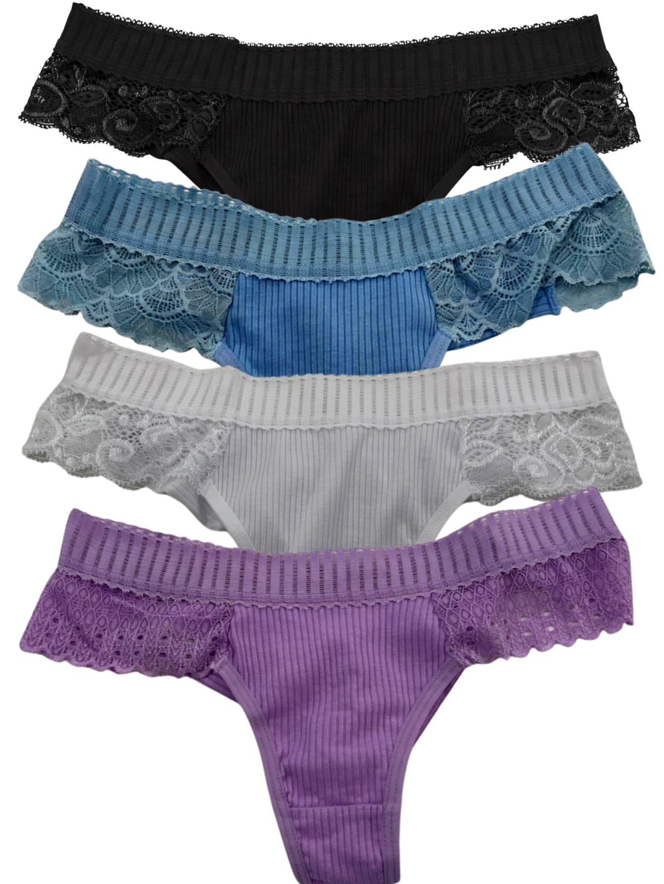 Kit 4 Calcinha Fio Duplo Canelado Com Renda Francesa Premium Forro 100% Algodão - Multicolorido - Visão 1
