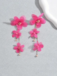 1 Đôi bông tai dài mặt dây chuyền pha lê thời trang hình cánh hoa bằng vải, bông tai tua rua hình hoa bằng chiffon đính kim thép và thủy tinh. - Màu Hồng Tươi - Xem 4