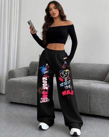 Baggy Sweatpants, Wide Leg Style, Bear Print, Graphite, Me Next Time, Streetwear Print - 黑色 - 查看 1