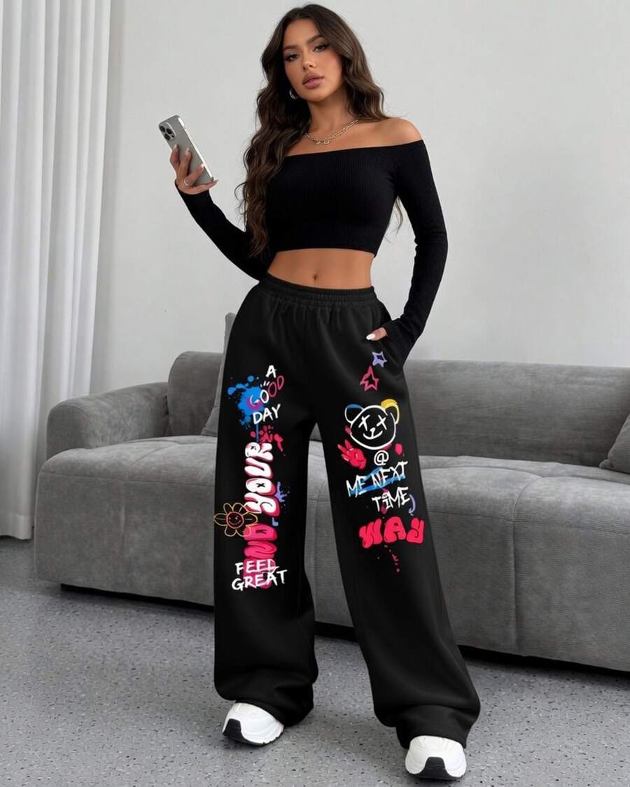 Baggy Sweatpants, Wide Leg Style, Bear Print, Graphite, Me Next Time, Streetwear Print - 黑色 - 查看 1