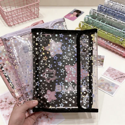 A5 Portable Transparent Star Glitter Loose Leaf Binder, Double Snap PVC Soft Cover, Large Capacity Sticker Storage Pack, Large Capacity Notebook Set, File Folder, Stamp Book, Sticker Book, Pen Case, A5 Transparent Refill Inserts, PP Transparent Refill Pages, Photo Album