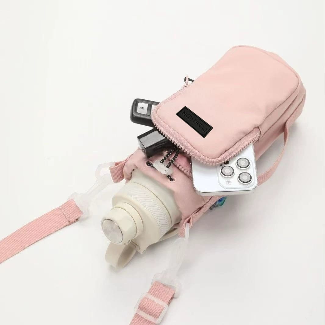 Este es un bolso bandolera para botella de agua/portavasos, un manguito portátil para taza de viaje, un bolso para botella de agua de coche y un sopo
