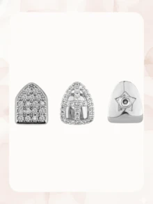 Bộ răng giả mạ vàng bạc cho nam nữ, hình trái tim, ngôi sao, răng bọc bạc, trang sức răng vàng, răng giả đính đá CZ, phụ kiện phong cách hip hop nam, phụ kiện tùy chỉnh để trang trí hàng ngày cho tiệc chiêu đãi, dạ hội, tiệc tùng. - Bạc/Vàng 1 - Xem 9