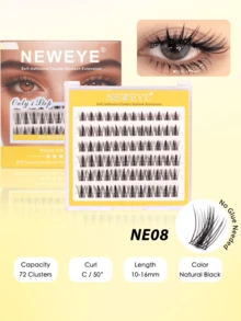Neweye 72片装自然款预粘仙女睫毛簇，D卷度，无需胶水和卸妆产品，自粘式睫毛簇，轻盈飘逸，隐形细带，蓬松度10-16mm混合单根睫毛，自粘式DIY睫毛嫁接，免胶睫毛簇，自然轻盈睫毛，动漫风格睫毛，送给女性和女孩的礼物，化妆工具 - D - 查看 7
