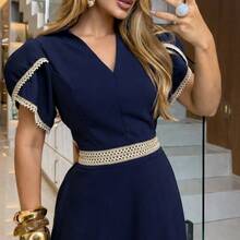 Elegant Women's Long Dress With Defined Waist, Evangelical Fashion For Weddings, Church Services, And Parties. - 藏蓝色 - 查看 3