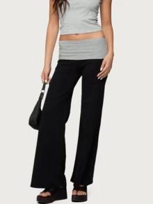 Lounge Wide Leg Sweatpants For Women Fold Over Low Waist Yoga Sweatpants Back To School Clothes Flare Leggings Bell Bottoms Y2K Foldover Pants - 黑色 - 查看 1