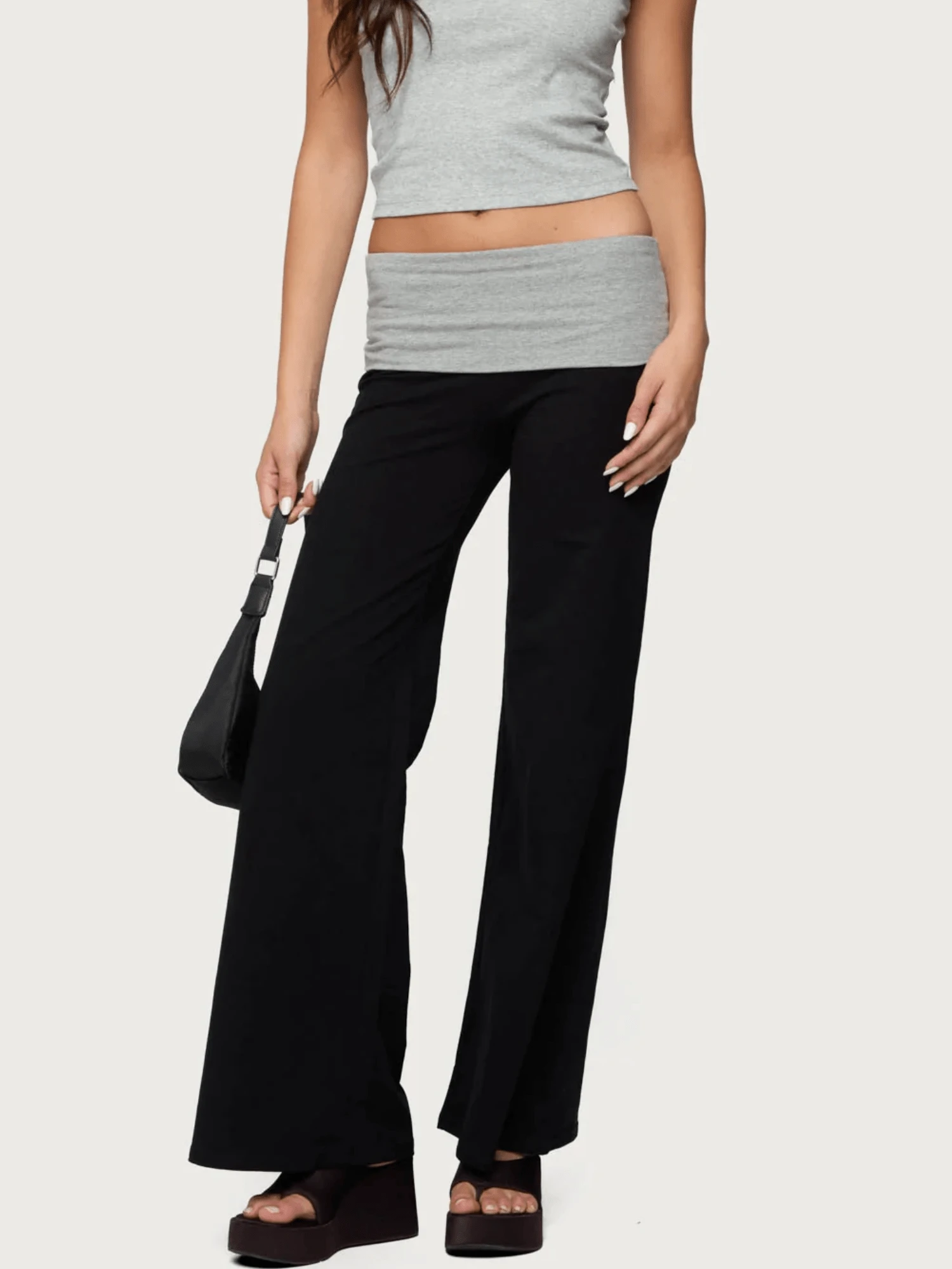 Lounge Wide Leg Sweatpants For Women Fold Over Low Waist Yoga Sweatpants Back To School Clothes Flare Leggings Bell Bottoms Y2K Foldover Pants - 黑色 - 查看 1