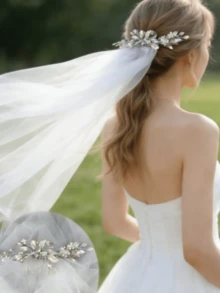 1pc Soft Yarn Rhinestone Leaf Bridal Headpiece Veil Decor,Summer,Beach,Wedding - White - View 3