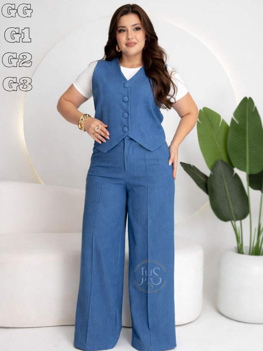 Women's Plus Size Tailored Set: Vest And Wide-Leg Pants - Business/Work Outfit - 藍色牛仔褲 - 查看 1