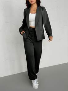 Women's 2 Pieces Set: Thin Lapel Blazer Jacket And Elastic Waist Pants Black Spring - Black - View 2