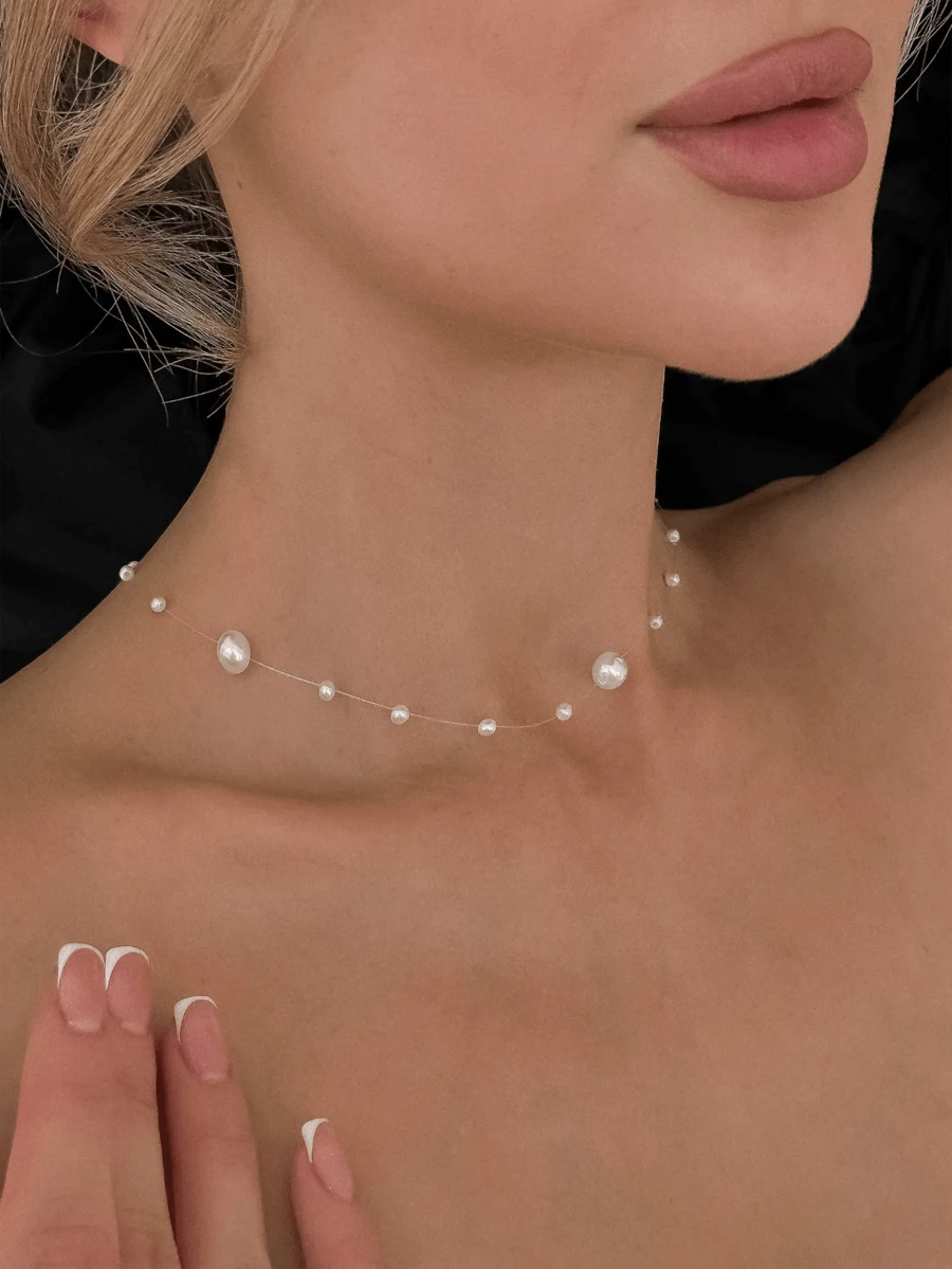 Dây chuyền ngọc trai và dây câu vô hình, dây chuyền đeo cổ vô hình, dây chuyền mùa hè - ngọc trai dây câu cá - Xem 1