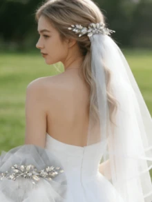 1pc Soft Yarn Rhinestone Leaf Bridal Headpiece Veil Decor,Summer,Beach,Wedding - White - View 2