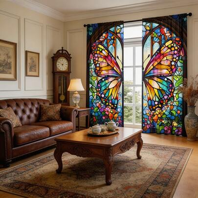 2pcs 2D Retro Color Flat Curtains - Blackout Polyester Fabric Curtains, Bright Floral And Geometric Pattern Curtains, Machine Washed, Pole Bag Design Curtains, Suitable For Bedroom And Living Room Decoration, Living Room Curtains, Modern Style, Easy To Care For Fabrics