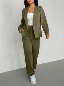 2pcs Women Thin Lapel Blazer Jacket And Elastic Waist Pants Set Spring - Army Green - View 2