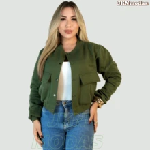 Women's Casual Cargo Sweatshirt Jacket With Pocket, Dropped Sleeves, Bomber Style, Blogger Style, Winter - Army Green - View 3