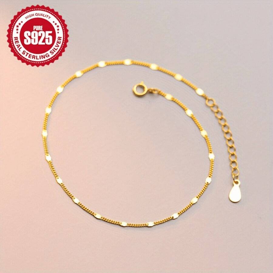 [1pc 925 Sterling Silver Sequin Anklet] 1pc Elegant 925 Sterling Silver Anklet For Women, Simple Vacation Style, Daily & Banquet Wear, All-Season, Chain With Sequins - Golden Color - View 1