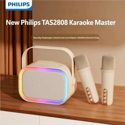  Philips Bluetooth Speaker Sing Portable Karaoke Home KTV with 2 Microphone Support TF/U Disk RGB Ambient Light 3D Surround Sound HiFi Spatial Audio Quality Long Battery Life Family Gift Birthday Party Outdoor Camping Wireless Singing Speaker