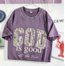 Women's God Is Good Floral Graphic T-Shirt, Retro Christian Faith Tee, Casual Crewneck Short Sleeve, Vintage Washed Cotton Top - 紫羅蘭色 - 查看 7