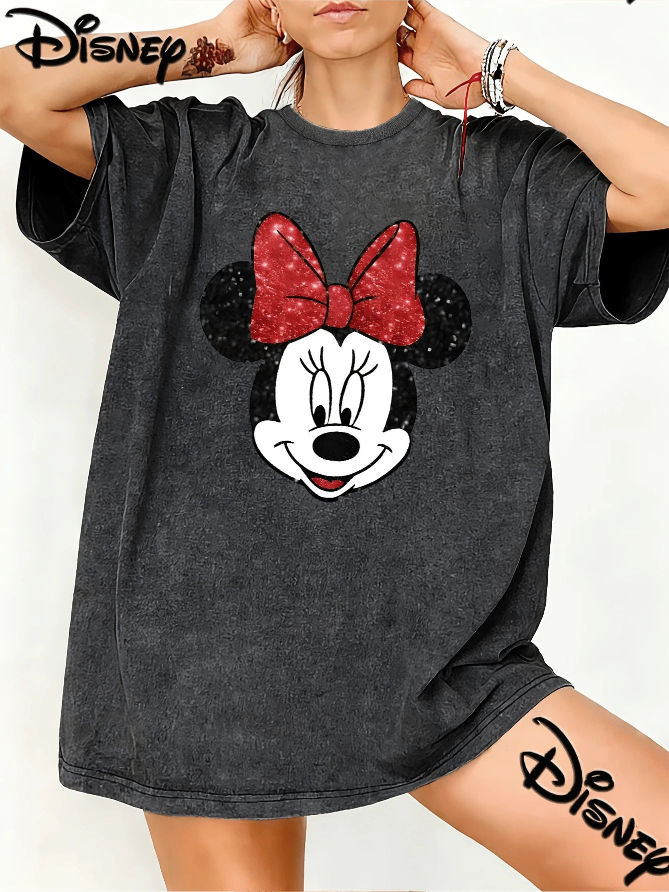 Disney Minnie Daisy Disneyland Sweet Girl Vintage Washed Black Oversized Cotton T-Shirt, Cute Loose Fit Tee For Women, Perfect For Disney Fans, Daily Wear & Gift - Black - View 1