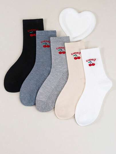 5 đôi tất dài đến bắp chân, mỏng nhẹ, thoáng khí, họa tiết quả anh đào dành cho nữ, mềm mại và thoải mái, thích hợp cho mùa xuân/hè.