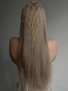 1 chiếc băng đô cài tóc tua rua lưới phong cách Bohemian, dây cài tóc hình giọt nước sang trọng dành cho cô dâu, phụ kiện dành cho nữ. - Vàng - Xem 1