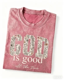Women's God Is Good Floral Graphic T-Shirt, Retro Christian Faith Tee, Casual Crewneck Short Sleeve, Vintage Washed Cotton Top - 玫紅色 - 查看 8