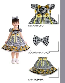 Short-Sleeved Puff-Sleeved Dress For Girls, Luxury Children's Clothing, Versatile, Stylish, Blogger-Worthy, Birthday Gift, Flared With Ruffles, Country, June Festival, Events, Party, Floral Print, Plaid, Premium, Square Dance, São João Set With Bow, Flowers, Lace. - 黑色 - 查看 6