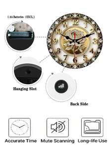 2D Flat Design, 1pc European Style Diamond Inlaid Rose Wooden Wall Clock, Silent Decorative Clock, Creative Wall Clock, Suitable For Bedroom, Living Room And Office Decor, 25/30cm (Batteries Not Included), 2D Flat - Multicolor - View 6