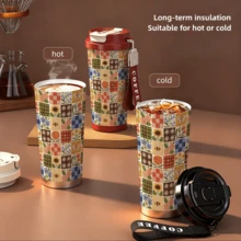Taza de café aislada con estampado floral y de tablero de ajedrez Vintage 24H frío/12H caliente | Taza térmica de viaje con estética retro para picnic, oficina y campus | Regalo elegante para amantes del estilo cottagecore y estudiantes - Multicolor - Ver 6
