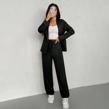Women's 2 Pieces Set: Thin Lapel Blazer Jacket And Elastic Waist Pants Black Spring - Black - View 6