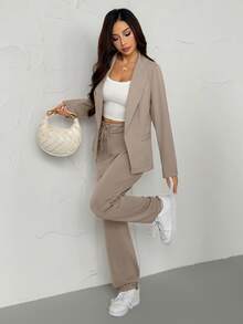 2pcs Women Thin Lapel Blazer Jacket And Elastic Waist Pants Set Spring - Grey - View 5