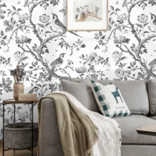 1 Roll Black & White Bird & Floral Self-Adhesive Wallpaper, Retro Aesthetic Removable And Reusable Peel And Stick Wallpaper, Easy To Install, PVC Material Contact Paper, Home Decor Wall Covering For Kitchen, Living Room, Bedroom, 17.3*118.1/196.8/393.7in - Black and White - View 5