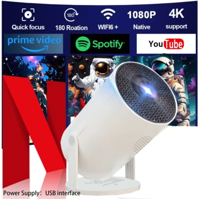 Máy chiếu thông minh 4K, hỗ trợ WiFi & Wireless 5.0, hệ điều hành, màn hình xoay 180°, âm thanh nổi, thiết kế nhỏ gọn, thích hợp cho rạp hát tại nhà, chơi game, xem phim ngoài trời, tương thích với điện thoại thông minh/giá đỡ TV/máy tính xách tay/màn hình Ultra HD