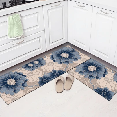 1pc New Chinese Style Blue & White Peony Pattern Printed Silica Gel Kitchen Mat, Rug, Carpet, Easy To Clean, Rectangular, Suitable For Living Room, Bedroom, Hallway, Bathroom, Laundry Room - Polyester Carpet, Indoor And Outdoor Home Decor