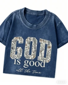 Women's God Is Good Floral Graphic T-Shirt, Retro Christian Faith Tee, Casual Crewneck Short Sleeve, Vintage Washed Cotton Top - 藍色 - 查看 8