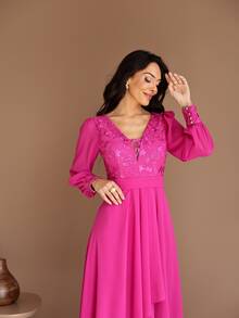 Cibele Fuchsia Long Party Dress With Embroidered Bodice And Sophisticated Long Sleeves - Perfect For Romantic Bridesmaids, Modern And Stylish Mothers Of The Bride/Groom, Graduates, Or Guests. - Màu Hoa hồng đỏ - Xem 5