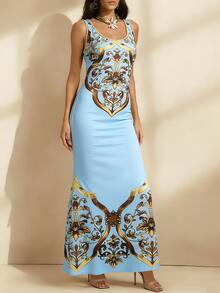 女士伴娘礼服，印花无袖修身派对礼服，正式晚礼服 - 淺藍色 - 查看 1