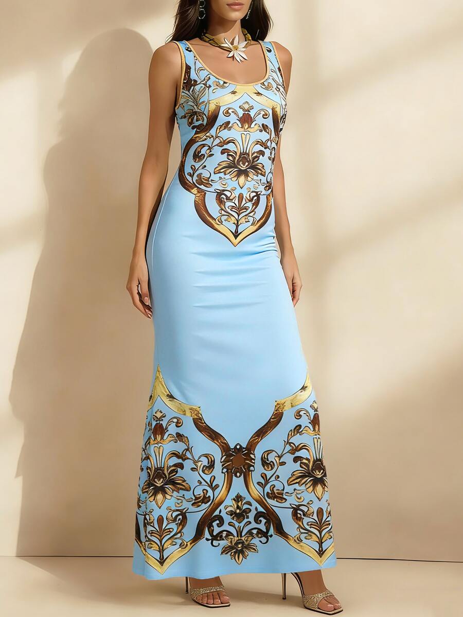 女士伴娘礼服，印花无袖修身派对礼服，正式晚礼服 - 淺藍色 - 查看 1